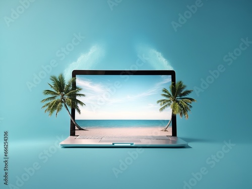 Laptop with beach screen background  on blue color background