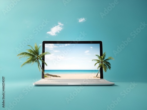 Laptop with beach screen background  on blue color background