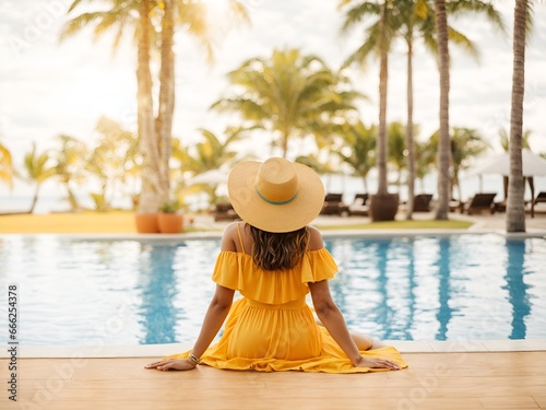 Young woman traveler with yellow dress relaxing and enjoying the sunset by a tropical resort pool