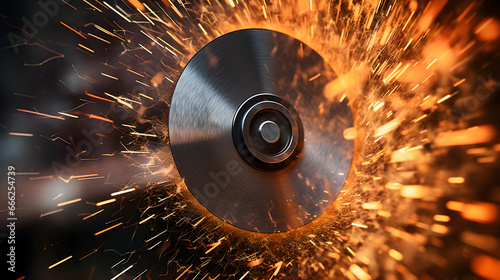 Vászonkép Close-up metal saw blade on the sides fly bright sparks from the angle grinder machine