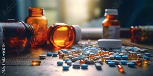 Table Overflowing with Many Tablets and Medicine Bottles, Capturing the Challenge of Healthcare Management Amidst a Deluge of Medication and Pharmaceutical Supplies