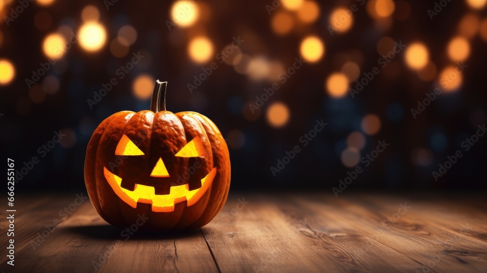 A scary jack-o'-lantern pumpkin with a carved face sits on a wooden table with magic bokeh lights on background, perfect for Halloween greeting cards and banners with copy space. A scary jack-o'-lantern pumpkin with a carved face sits on a wooden table with magic bokeh lights on background, perfect for Halloween greeting cards and banners with copy space.