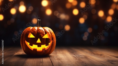 A scary jack-o'-lantern pumpkin with a carved face sits on a wooden table with magic bokeh lights on background, perfect for Halloween greeting cards and banners with copy space.
