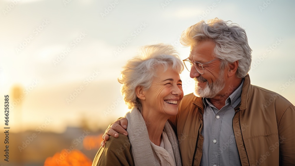 Portrait of cute lovely italian caucasian happy elderly couple hugging outside in city park. pensioner retirees wife and husband rejoice. smiling woman tenderly embracing her spouse. - obrazy, fototapety, plakaty 