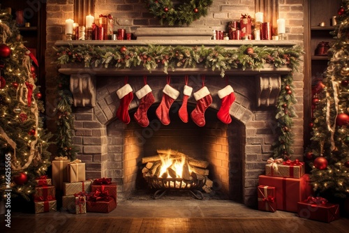 Fototapete Holiday decoration with garlands, wreaths, big red bow, stockings hung by chimney