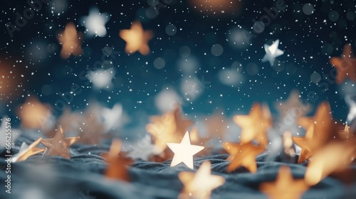 Banner with a garland of shiny stars made of gold paper, Christmas background with bokeh lights