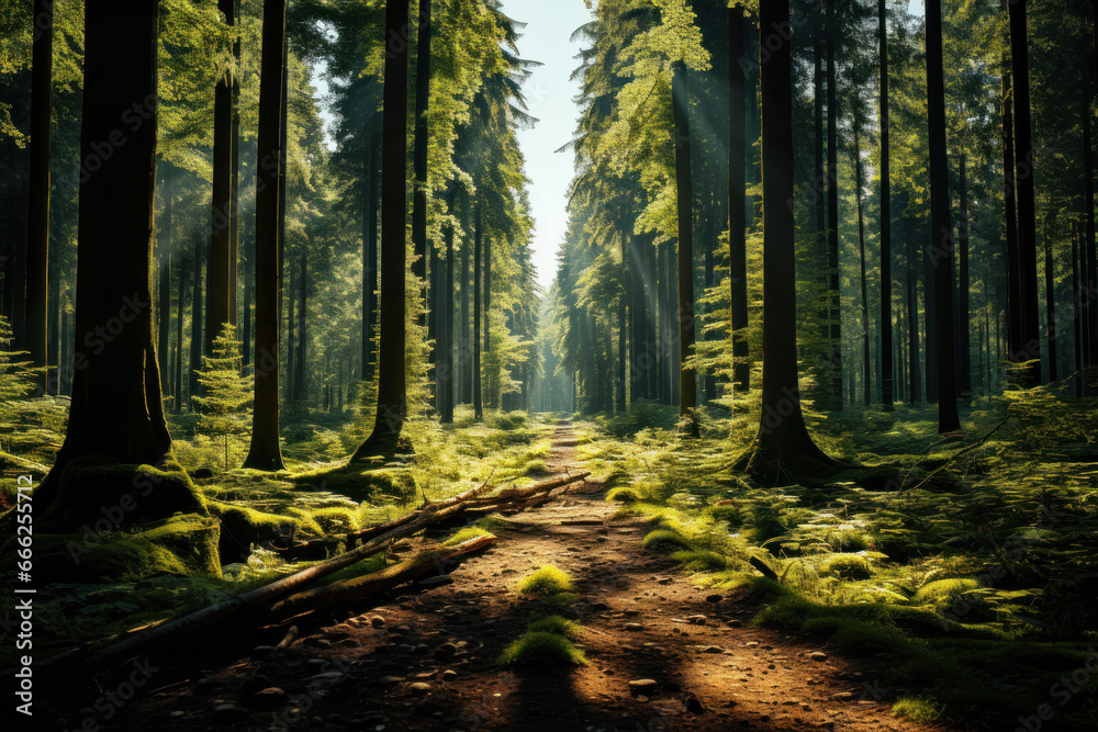 Fototapeta premium A densely packed forest with towering trees and dappled sunlight. Concept of nature's majesty and tranquility. Generative Ai.
