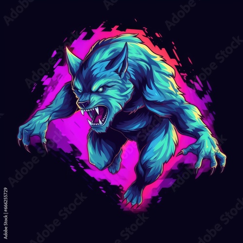 werewolf neon icon logo halloween cute scary bright illustration tattoo isolated vector