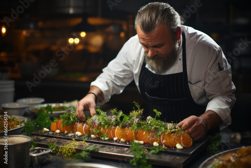 A master chef expertly plating a gourmet meal in a high-end restaurant. Concept of culinary artistry and fine dining. Generative Ai.