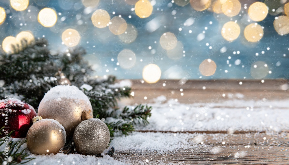 Éclat hivernal : Boules de Noël sur une table en bois sous la neige scintillante