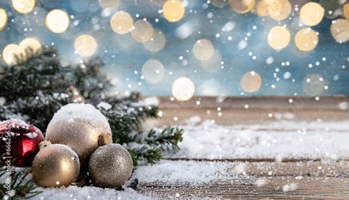 Obraz na płótnie Éclat hivernal : Boules de Noël sur une table en bois sous la neige scintillante w salonie