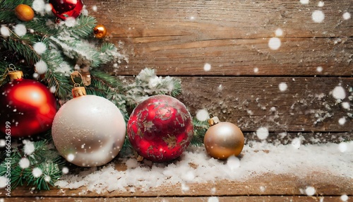 Décorations de Noël rustiques : Boules festives sur une table en bois avec neige et sapin photo