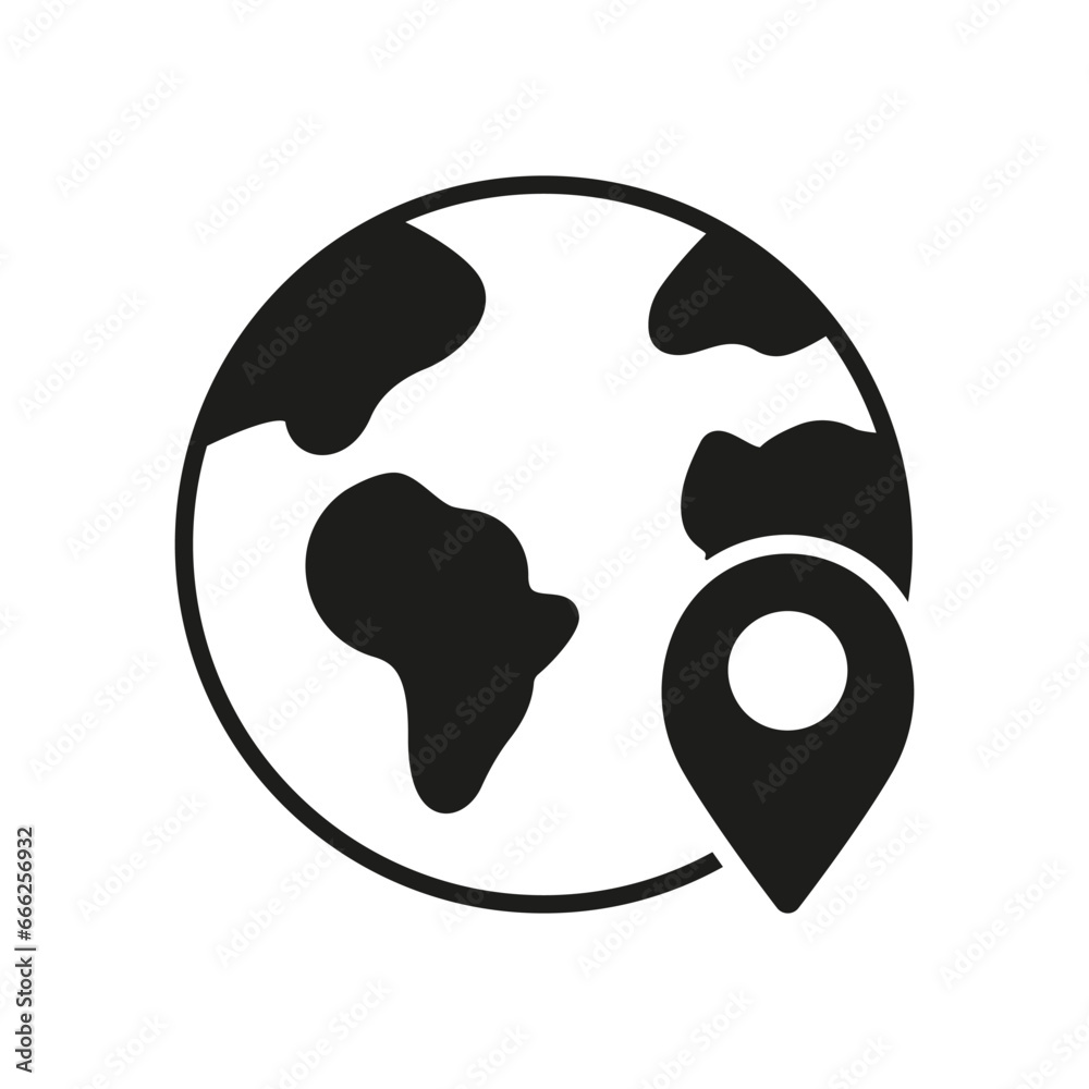 International Shipping Silhouette Icon. Global Delivery Service Pictogram. Planet Earth with Location Pin Solid Sign. Worldwide Delivery, Travel Around World Symbol. Isolated Vector Illustration