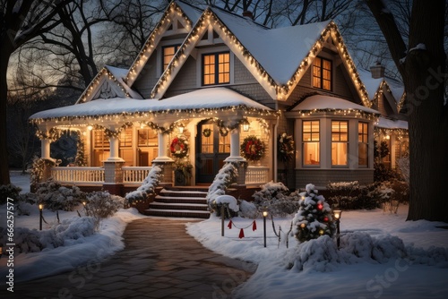 Front yard of the private house in the USA or Europe covered by fresh snow after blizzard and fence, decorated by glowing in the dark colorful garlands for Christmas and New Year winter holidays.