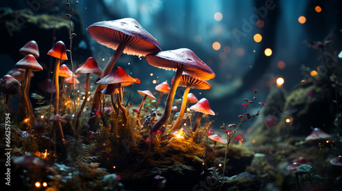 Dreamy fantasy mushrooms in magical forest. Generative Ai © Witri