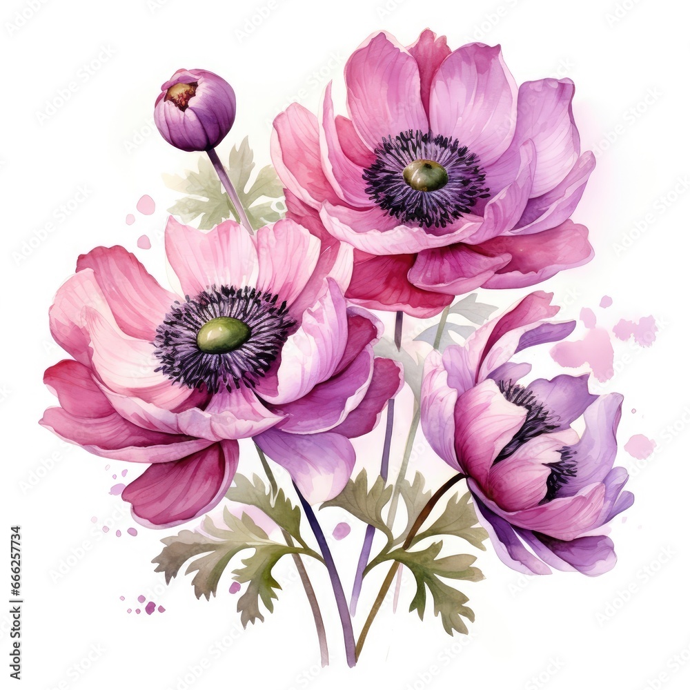 Obraz premium Beautiful spring anemone bouquet, watercolor drawing. Generative AI