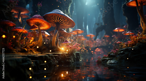 Fantasy wonderland landscape mushrooms moon. Dreamy fantasy mushrooms magical forest. Generative Ai photo