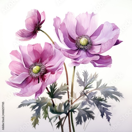 Beautiful spring anemone bouquet  watercolor drawing. Generative AI