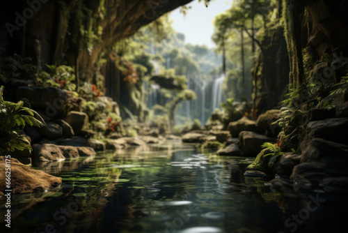 A serene waterfall surrounded by lush greenery in a pristine rainforest. Concept of natural beauty and serenity. Generative Ai. © Sebastian