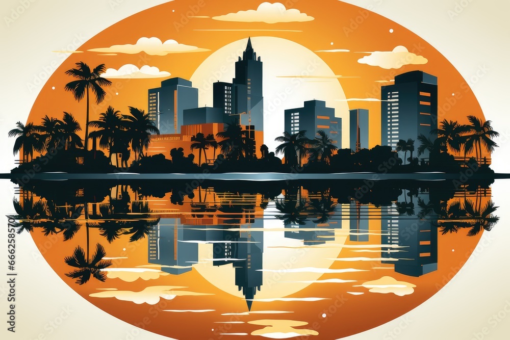 Miami in line art style, palm trees and skyscrapers, sun, cityscape. Travel postcard, print - obrazy, fototapety, plakaty 