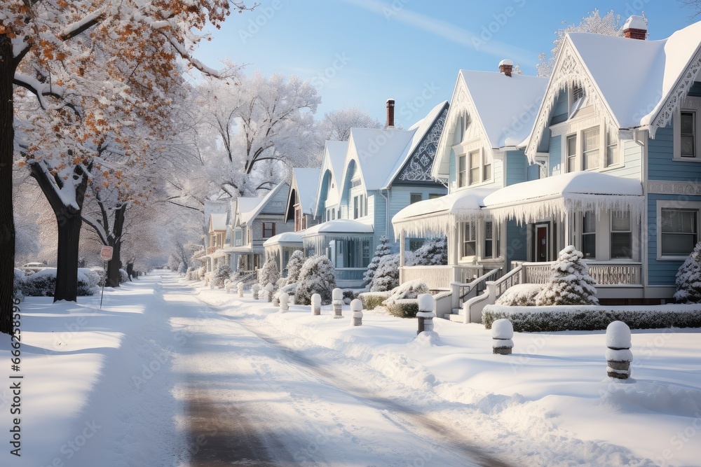 American dream houses in the suburban village with snow covered the roof in winter season, located in USA. Winter, Heavy snow fall Beautiful Landscape Private Houses under a thick layer of snow.