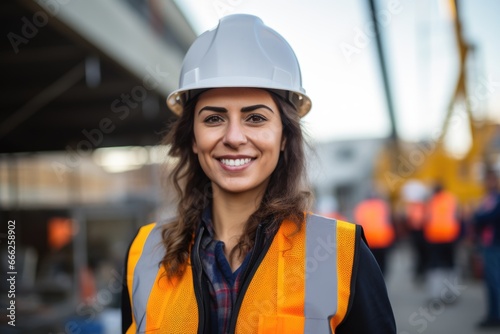 A young worker in a white helmet and vest stands on a construction site