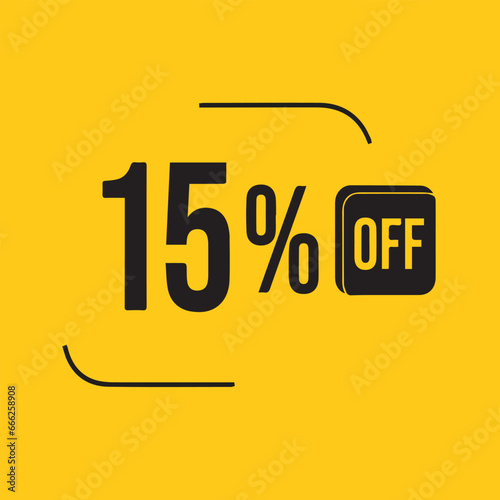 15% off discount banner isolated on yellow background.