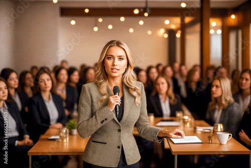 A confident and empowered woman is delivering a compelling and lively presentation to an audience comprised of women. The corporate environment emphasizes her professionalism and leadership qualities.