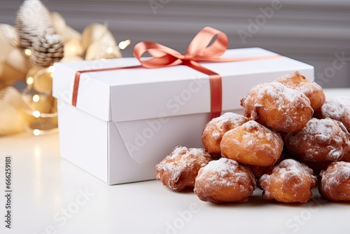 Dutch oliebollen with a gift box photo