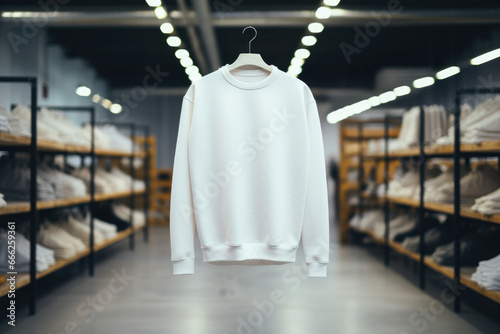 White sweatshirts and hoodies are hanging in the store