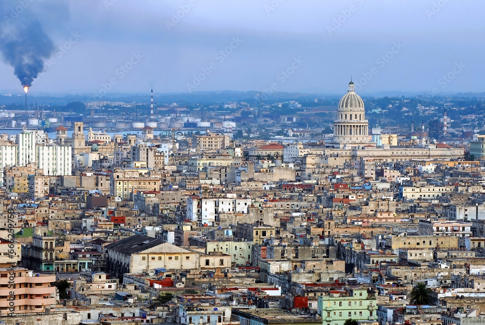 Overview of the various buildings in the Cuban capital city of Havana, including the National Capitol Building or El Capitolio, near the top right. 2010