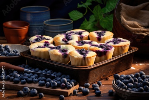 Blueberry muffins in a baking dish