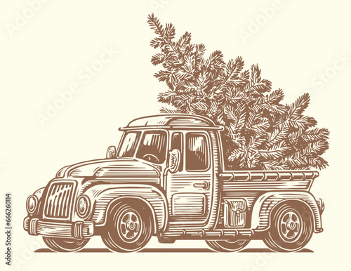Retro truck and Christmas tree in the back of a car. Happy holidays sketch vector illustration