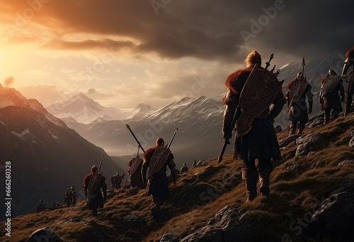 Group of vikings hiking in mountain at sunset; photo