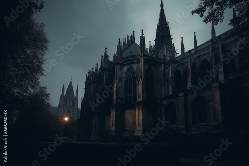 A dark cathedral in the evening. Generative AI