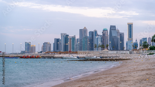 beautiful doha skyline, with many offices and residential towers.view from the katara beach