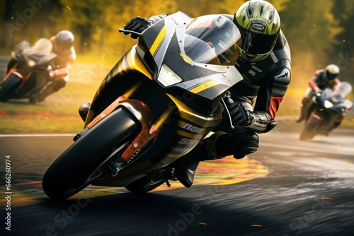 Motorcycle rider riding fast on asphalt road. Riding sport bike. Motosport Concept. Background with copy space. 