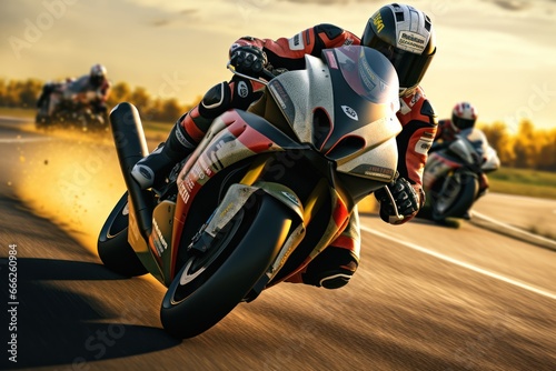 Motorcyclists on the race at the race track. Motosport Concept. Background with copy space. 