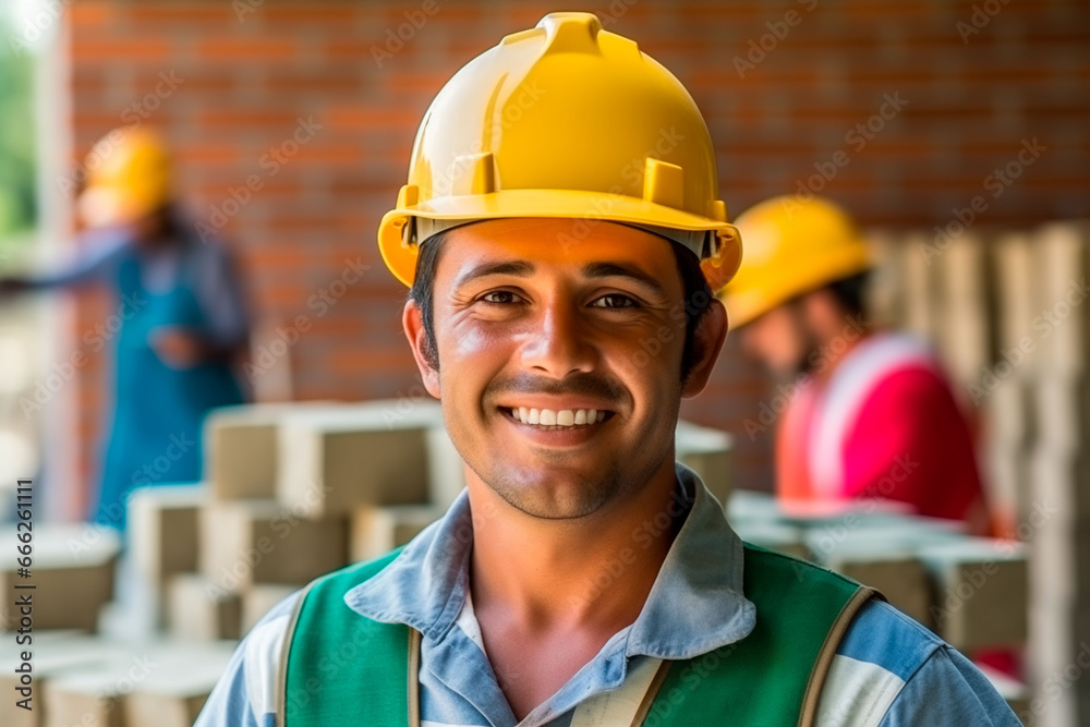Latin American construction worker, bricklayer, smiling in front of the camera