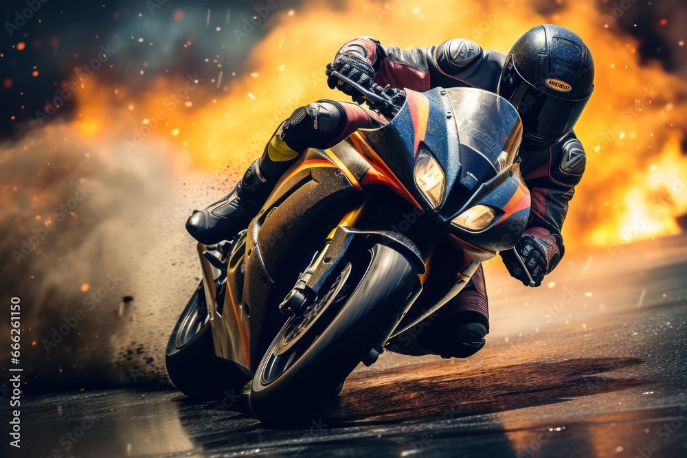Motorcycle rider in action on a race track. Extreme sport. Motosport Concept. Background with copy space. 