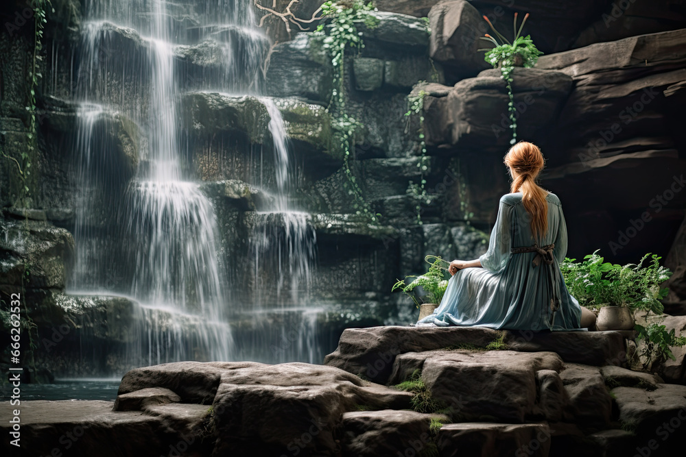 a beautiful fairy in a large waterfall. Fantasy.