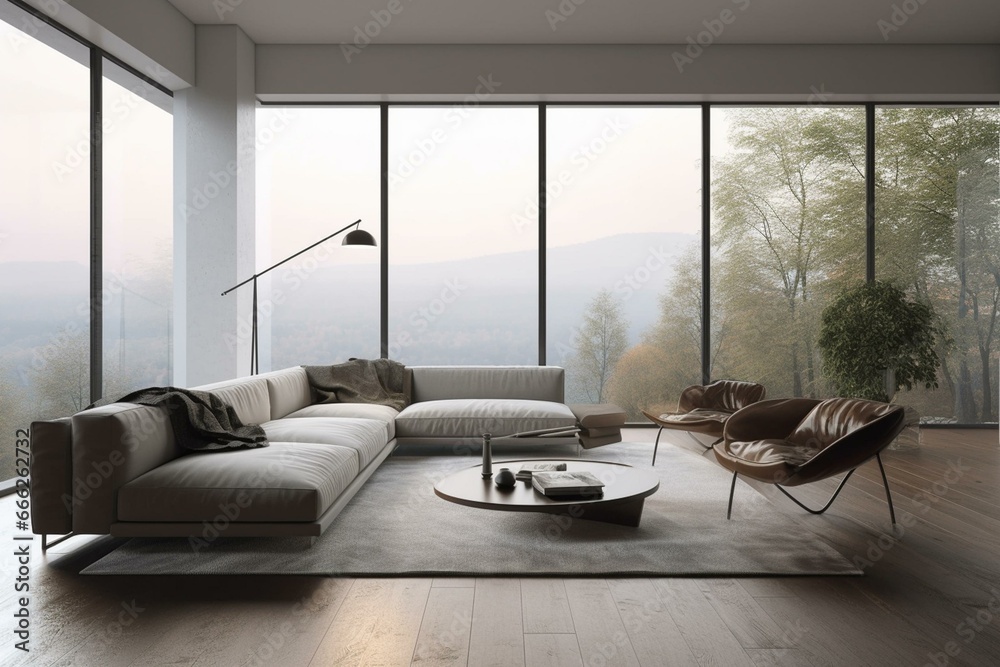 Minimalist living room with panoramic view and large windows. Generative AI