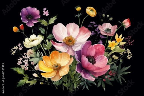 Colorful floral print with buttercup flowers bouquets on dark background. Watercolor botanical illustration of spring blossom. Generative AI photo