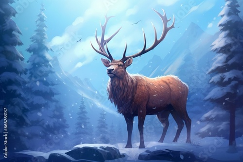 adorable elk against snowy magical backdrop. Generative AI © Arnav