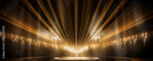 Gold lights rays scene background. Golden light award stage with rays and sparks

 photo