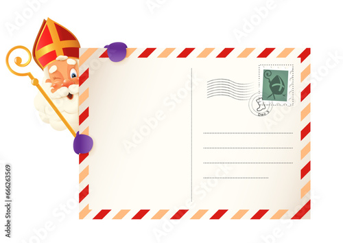 Saint Nicholas - Sinterklaas peeking on left side of letter - vintage vector illustration isolated