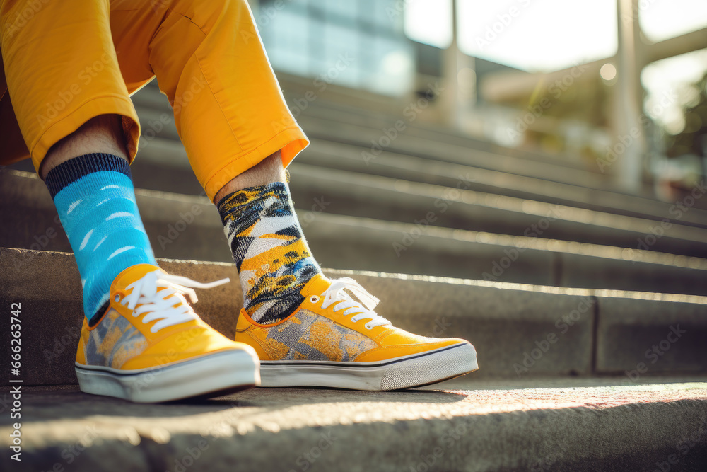 Hipster man with different pair of socks and yellow sneakers sitting on stairs outdoors. Teenager foots in mismatched socks. Odd Socks day, Anti-Bullying Week, Down syndrome awareness concept