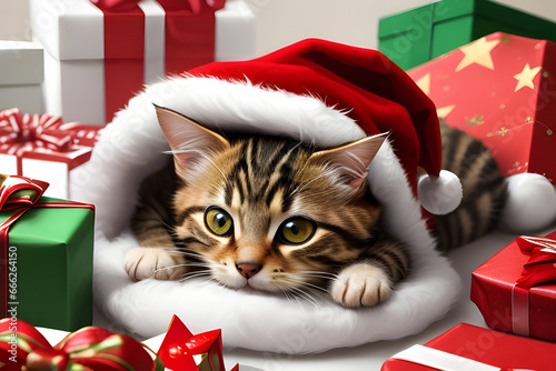 Domestic brown cat with Christmas gifts
