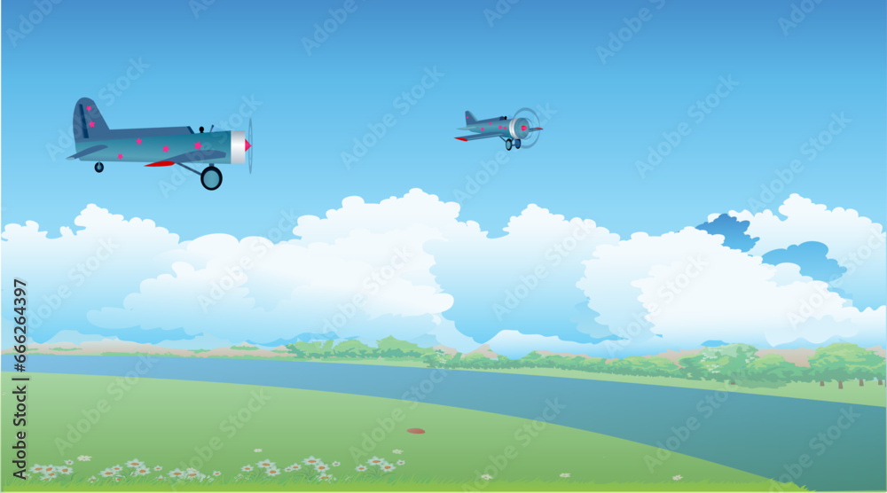 An aerial landscape with airplanes flying above the clouds. A beautiful view of land and a river. Vector illustration. An aerial landscape with airplanes flying above the clouds. A beautiful view of land and a river. Vector illustration.