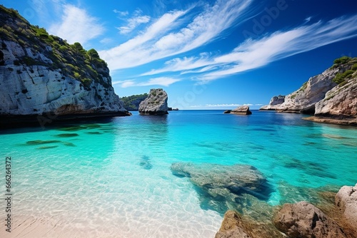 Captivating view of stunning beach in Menorca, Balearic Islands, Spain. Generative AI photo